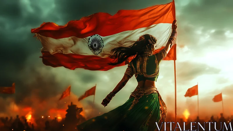 Warrior of the winds lifting a glowing crimson banner.