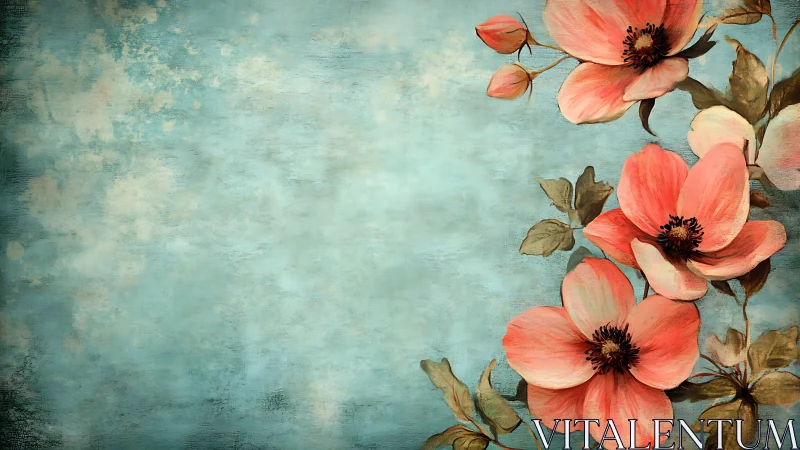 Coral blossoms drift along a weathered teal canvas background.