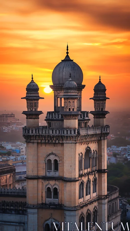 Mughal-style clock tower dome silhouetted against vivid sunset sky