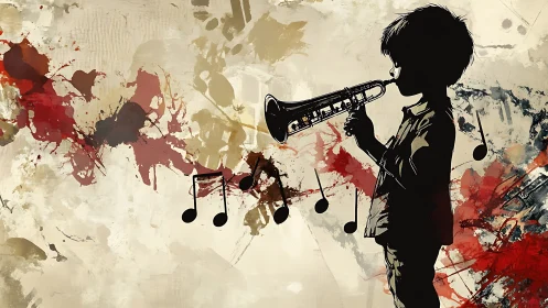 Child trumpet silhouette merges with abstract musical color