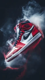 High-top sneaker in dramatic smoke on dark backdrop.
