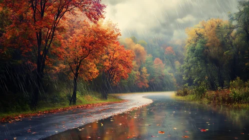 Curving forest road in autumn rain with reflective surface.