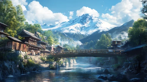 Peaceful riverside village rests beneath shining snowy peaks