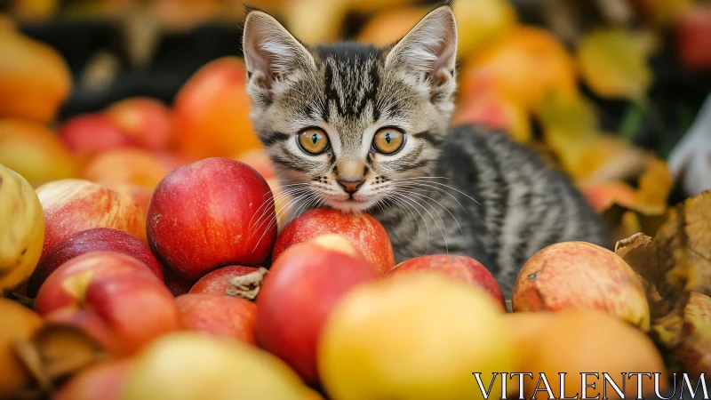 Tabby Kitten Among Harvested Apples with Directed Gaze.