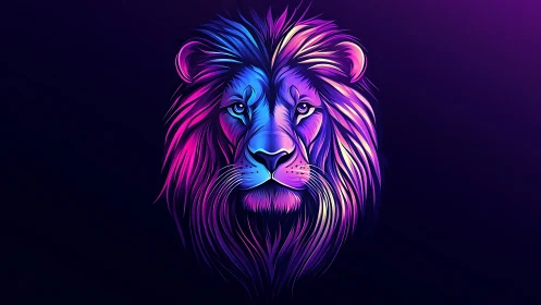 Neon gradient lion portrait on dark violet background.