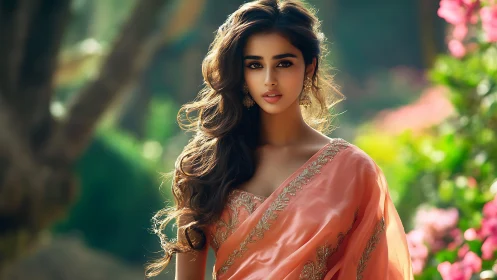 Elegant woman in peach sari within sunlit garden bokeh.