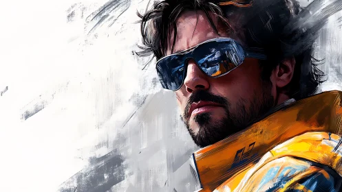 Male figure in reflective visor and orange jacket portrait.