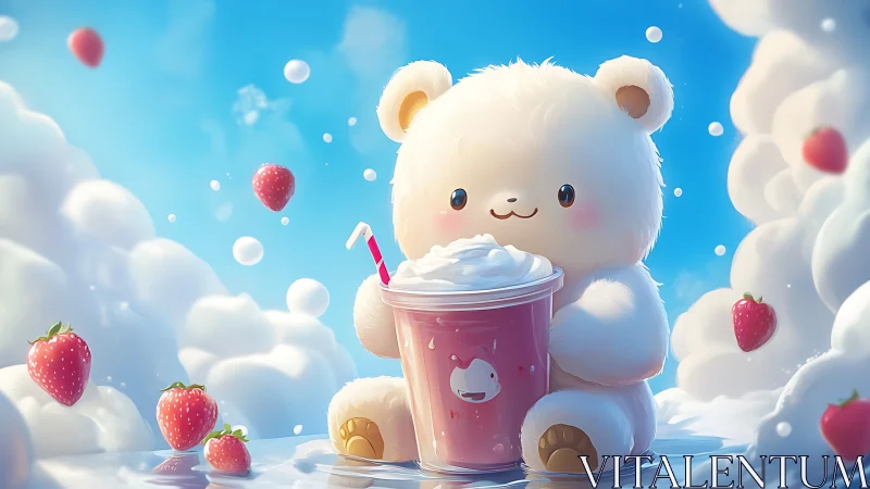 Fluffy bear cuddling a strawberry milkshake in the clouds.