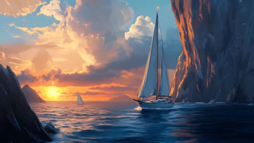Sunlit sailboat cuts cobalt sea beside burning cliffs.