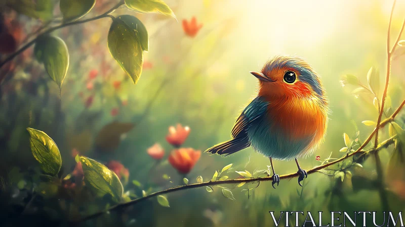 Whimsical Illustration of a Colorful Bird on a Sunlit Branch.
