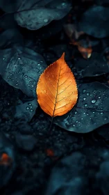Macro autumn leaf on wet forest floor in shallow focus.