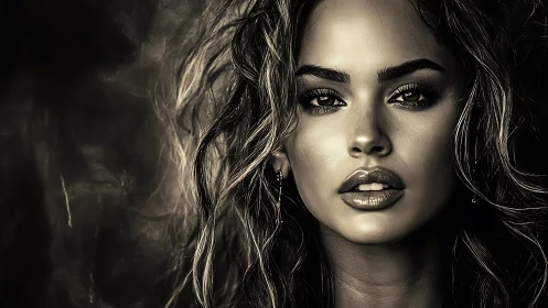 Monochrome digital portrait with intense female gaze.