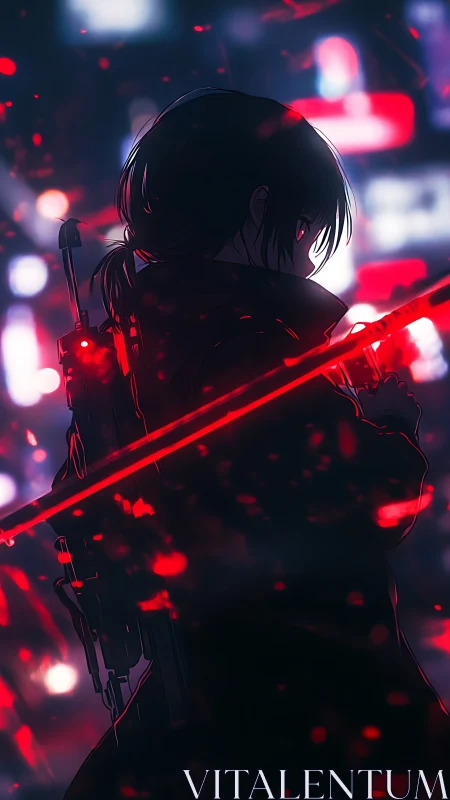 Silhouetted anime sniper with red neon beam in night city.