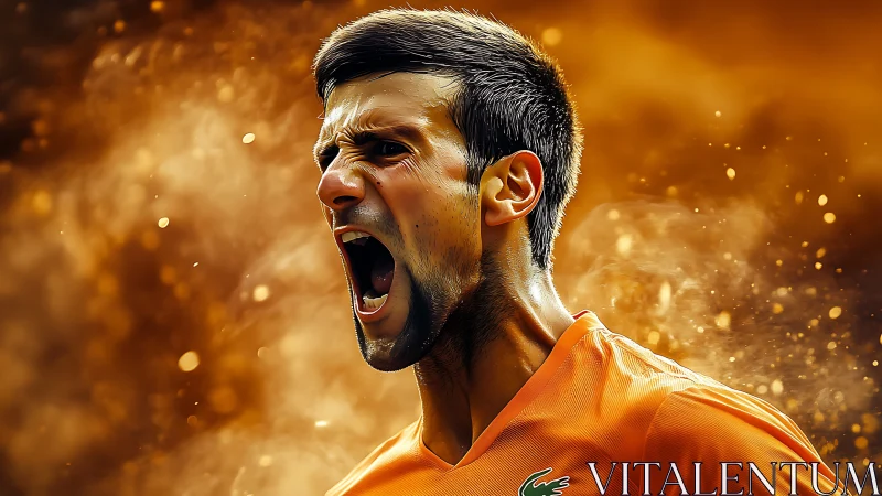 Dynamic tennis portrait isolates a roaring athlete in molten light