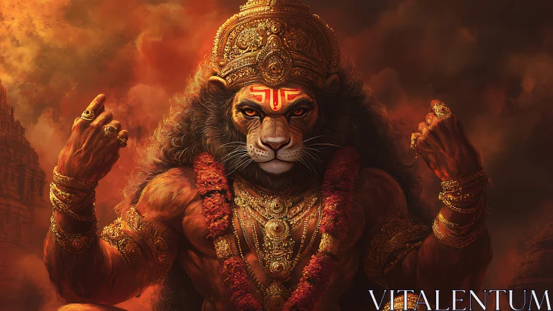 Mythic lion-headed deity figure sits centered in ornate armor