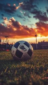 Low-angle football close-up under dramatic sunset sky on pitch.