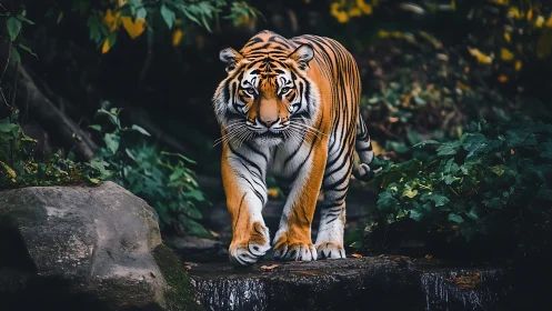 Tiger walking through dense forest toward the camera.