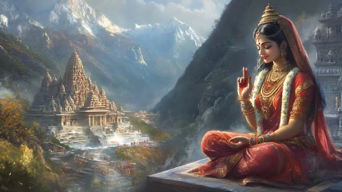 Divine Indian maiden meditating beside ornate mountain temple.