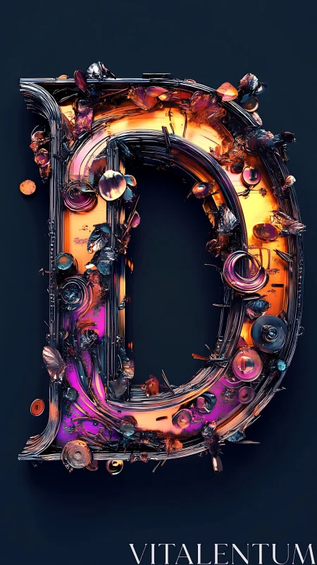 Chromed letter D with molten neon core and debris shell.