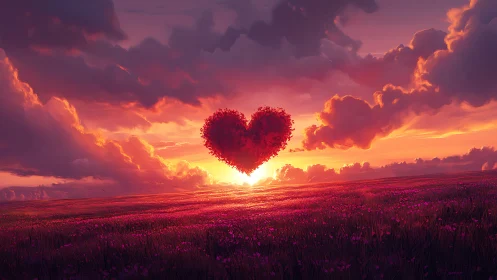 Heart-shaped floral formation above field at sunset.