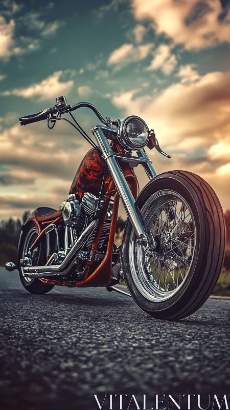 Custom chrome motorcycle gleams under dramatic sunset sky.