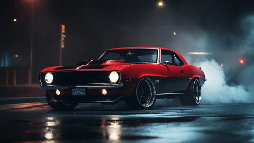Bold red muscle car glowing under moody night lights.