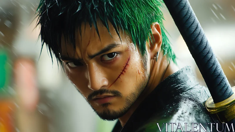Rain-soaked green-haired swordsman portrait with scarred face