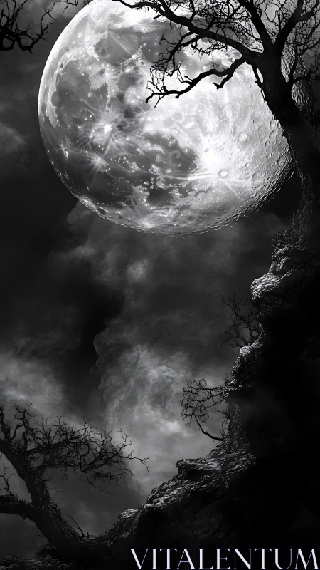 Monochrome digital painting of looming moon and jagged trees.