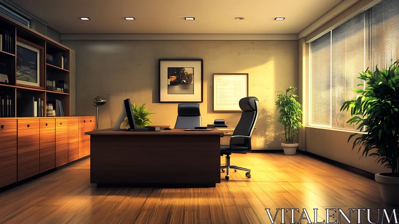 Modern executive office interior shows wood surfaces and light