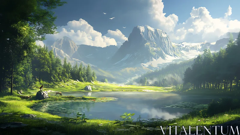 Sunlit alpine lake below towering snowcapped mountains.