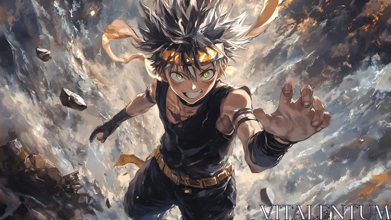 Sky-shattering anime hero hurtles forward through blazing dust.