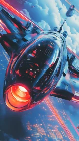Futuristic jet aircraft over illuminated urban landscape.