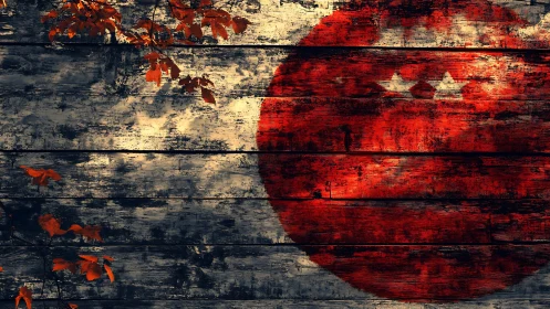 Weathered red sun mural on rustic wood planks at dusk.