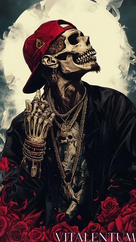 Confident skeleton in streetwear gazes up amid bold red roses