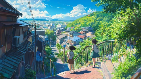 Schoolgirls on hillside stairs overlooking sunny town.