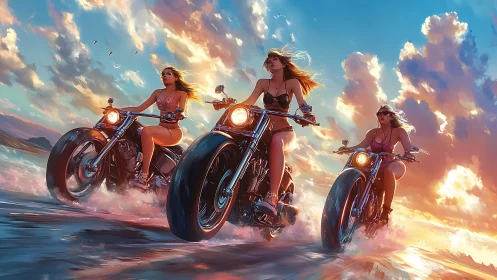 Sunset riders surge across shimmering surf on chrome bikes.