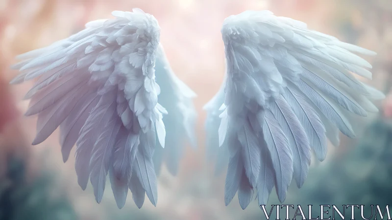 Symmetrical white feathered wings on soft blurred backdrop.