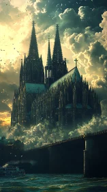 Gothic cathedral rises through storm clouds above river bridge