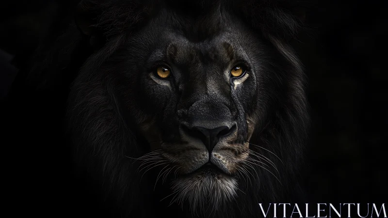 Midnight lion portrait with intense golden gaze.