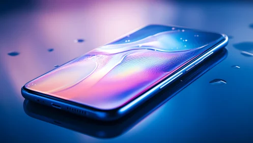 Sleek modern smartphone with water droplets, futuristic lighting style.