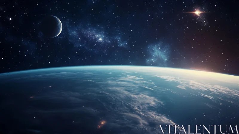 Earth horizon from space with distant moon and bright stars.