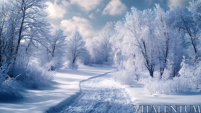 Snow laden woodland path under soft winter daylight sky