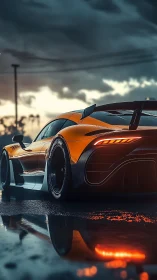 Low-angle render studies wet-surface reflections on hypercar rear profile