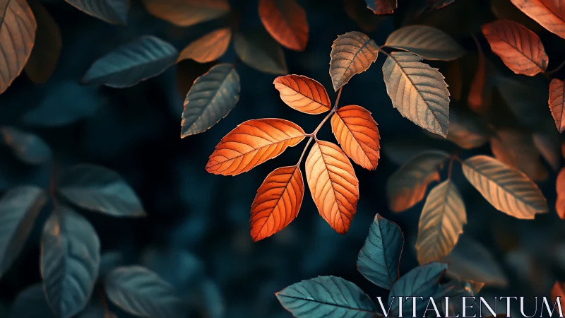 Luminous ember leaves glow against a deep teal forest hush.