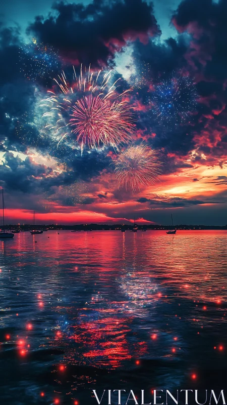 Fireworks over coastal bay at dusk with reflective water.