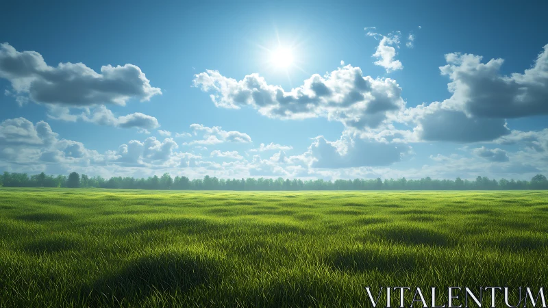 Sunlit grassland under scattered cumulus cloud cover at noon.
