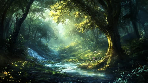 Enchanted Forest Stream with Golden Light.