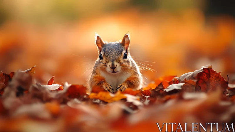 Autumn ground-level portrait of squirrel in shallow bokeh field.