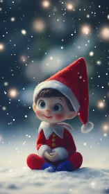 Tiny winter elf listens quietly to the falling snowlight