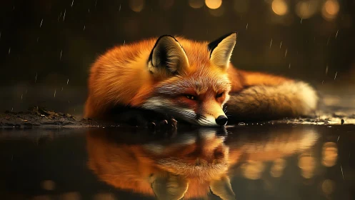 Gentle fox resting by a rain-kissed golden forest pool.